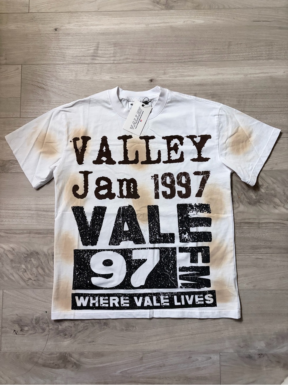 Valley Jam 1997 Graphic Tee in White with Brown Stain Details
